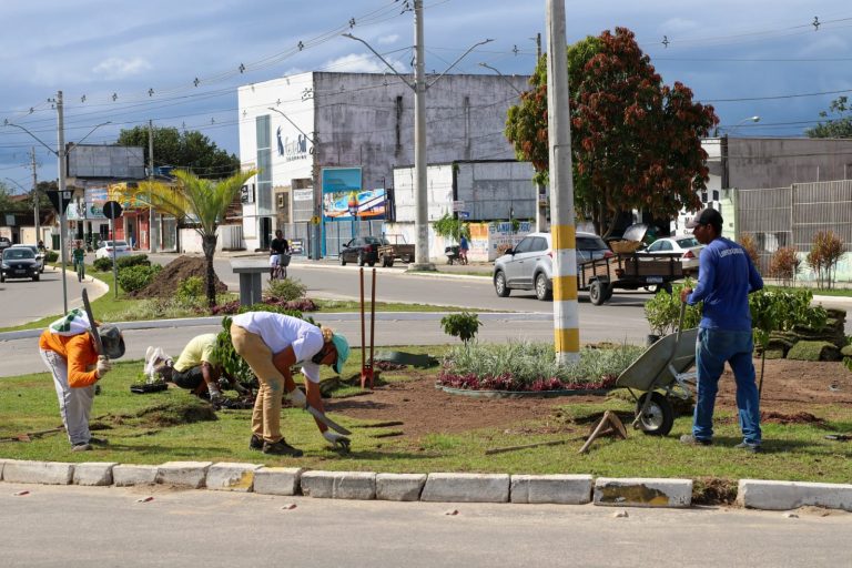 Secretaria de Meio Ambiente realiza trabalho de paisagismo na rotatória do Posto Pioneiro