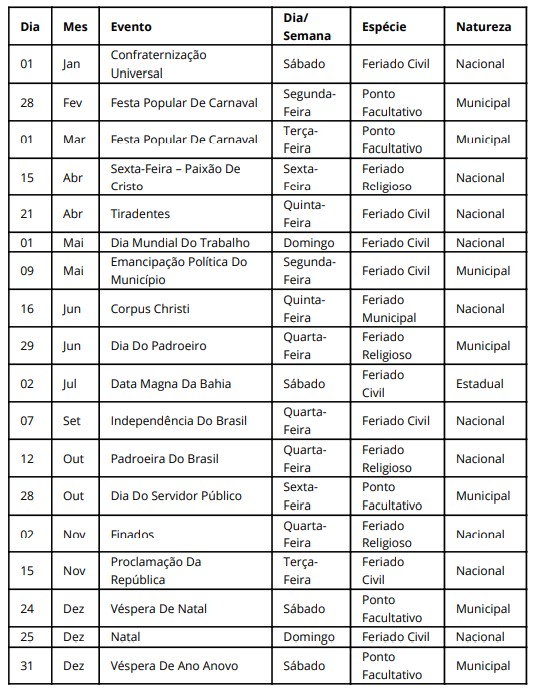 Prefeitura publica decreto que dispõe sobre feriados e pontos facultativos